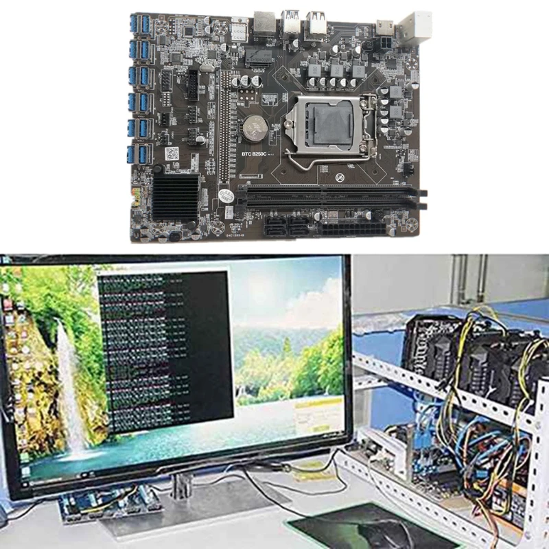 

B250C BTC Mining Motherboard + Switch Cable 12x PCIE to USB3.0 GPU Slot LGA1151 Support DDR4 Dimm Computer Motherboard P9JB