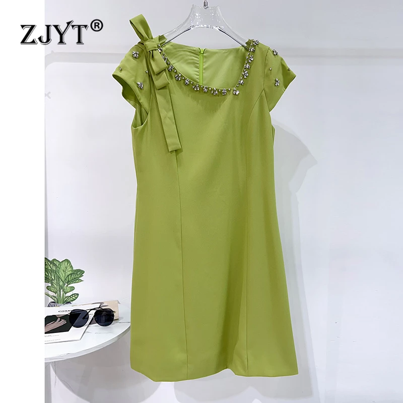 

ZJYT Women Fashion Asymmetrical Neck Diamonds Dress Summer 2024 New Short Sleeve Bowknot Casual Party Dresses Elegant Vestidos