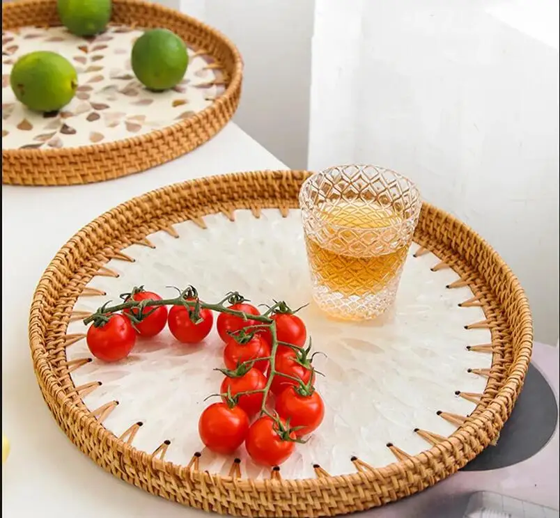 Round Tray Rattan Storage Fruit Snack Living Room Desktop Cosmetics Jewelry Ornament Tea