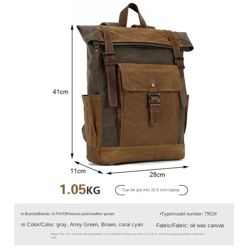 Wax Canvas Backpack genuine leather Outdoor Hiking Bag Waterproof Crazy Horse Leather Men's Bag 4