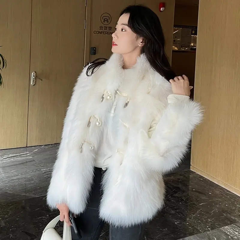 Pearl Button Fluffy Fur Coat Women Warm Faux Fox Fur Coat Luxury Brand Designer Clothing Stand Up Collar Long Sleeve Korean Chic