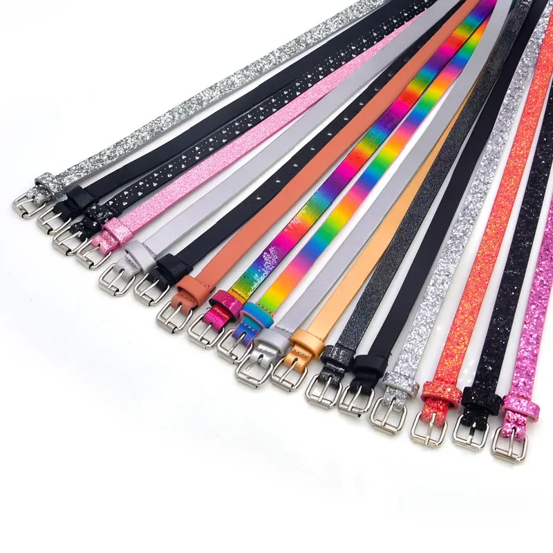 Kids Adjuestable Faux Leather Sequins Children Belt Alloy Buckle Girls Solid Color Colorful Waistband Fashion New Ladies Belts