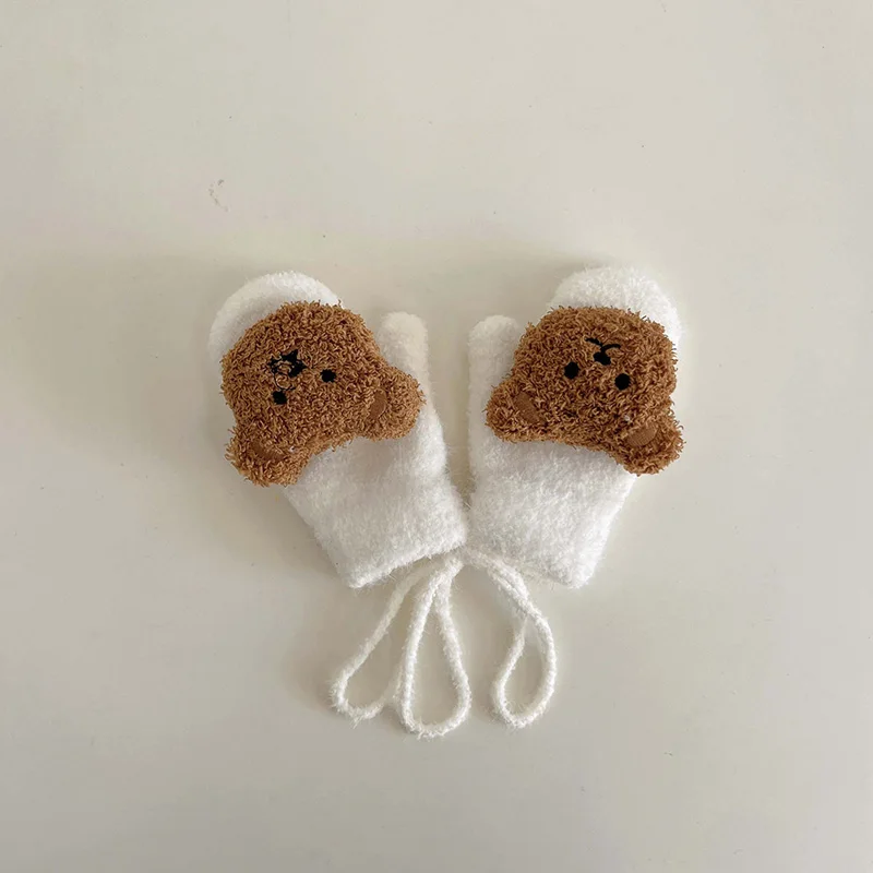 Korean Bear Baby Gloves Winter Hanging Neck Boy Girl Thick Warm Fingerless Mittens Outdoor Anti-Cold Kids Anti-Cold Gloves 1-4Y 5