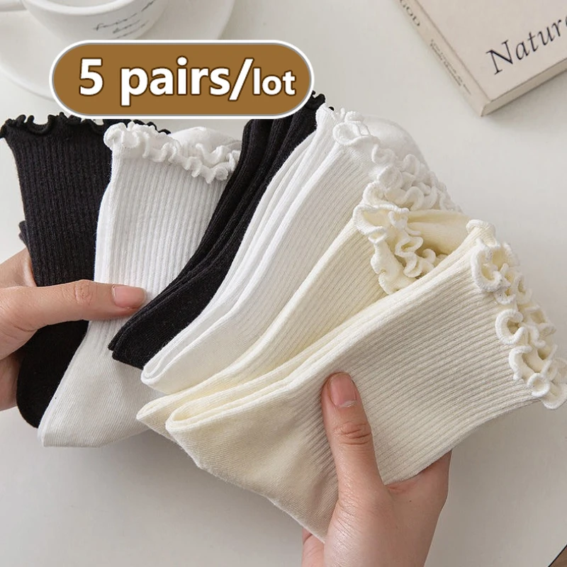 

5 Pair Woman Socks Cotton Middle Tube Ankle Short Ruffle Thin Stockings Breathable Black White Set Ins Spring Summer JK Japanese