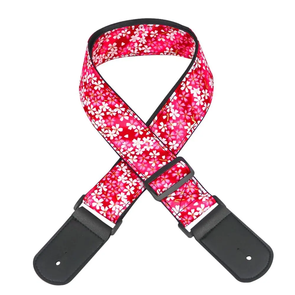Vintage Gitarrengurt, bestickter Druck, roter Kranich, E-Gitarrengürtel, Kirschblüten-Schmetterling, Gitarren-Schultergürtel – Detail 7