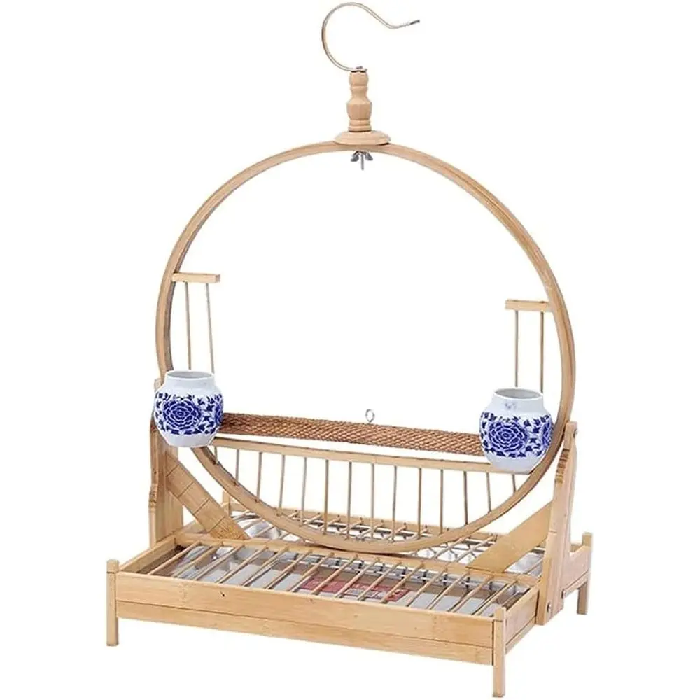 Portable Bamboo Bird Cage with Playstand and Feeder