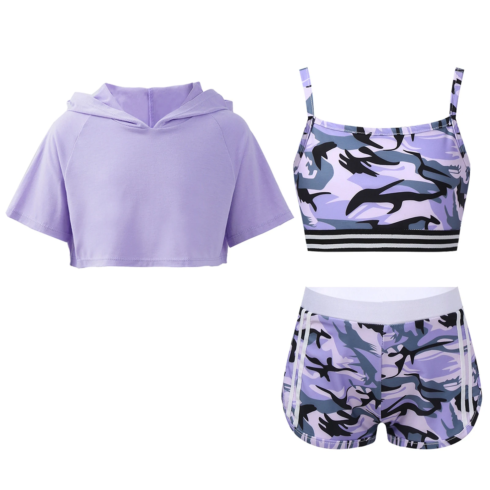 

Kids Girls Sports Set Casual Tracksuit Camouflage Camisole+Shorts+Short Sleeve Hooded Crop Top for Gymnastics Workout Fitness