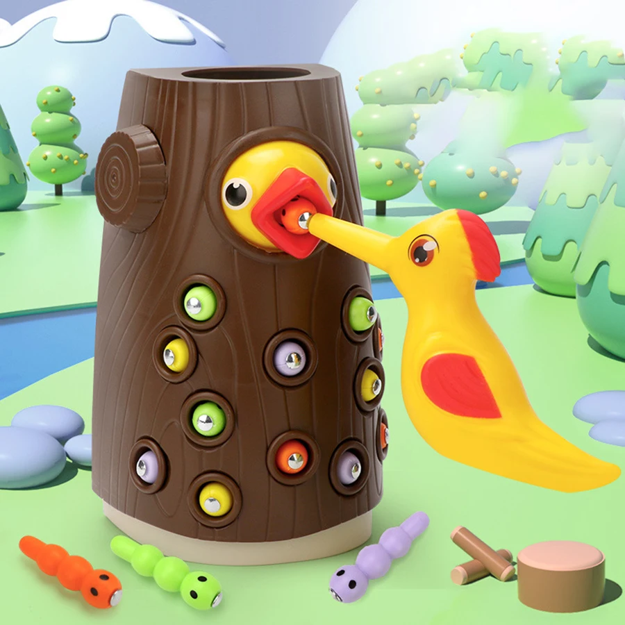 Children's woodpecker toy puzzle early education fishing bug game magnetic birds catch bugs parent-child interaction 6