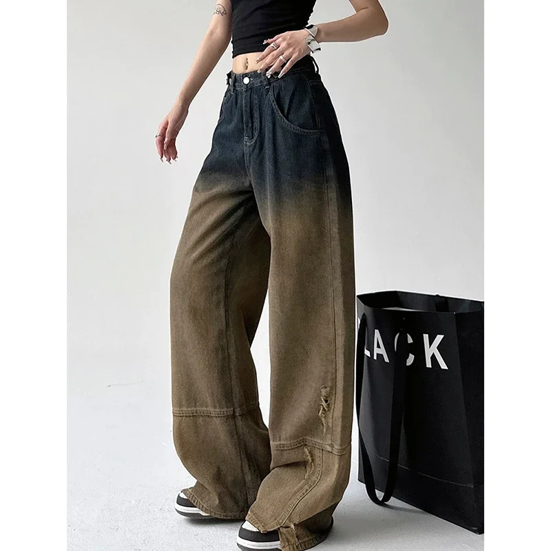 

Harajuku Vintage High Waist Loose Jeans Gradient Color Pants 2024 Autumn WInter Women's Y2K Wide Leg Baggy E-girl Denim Trouser