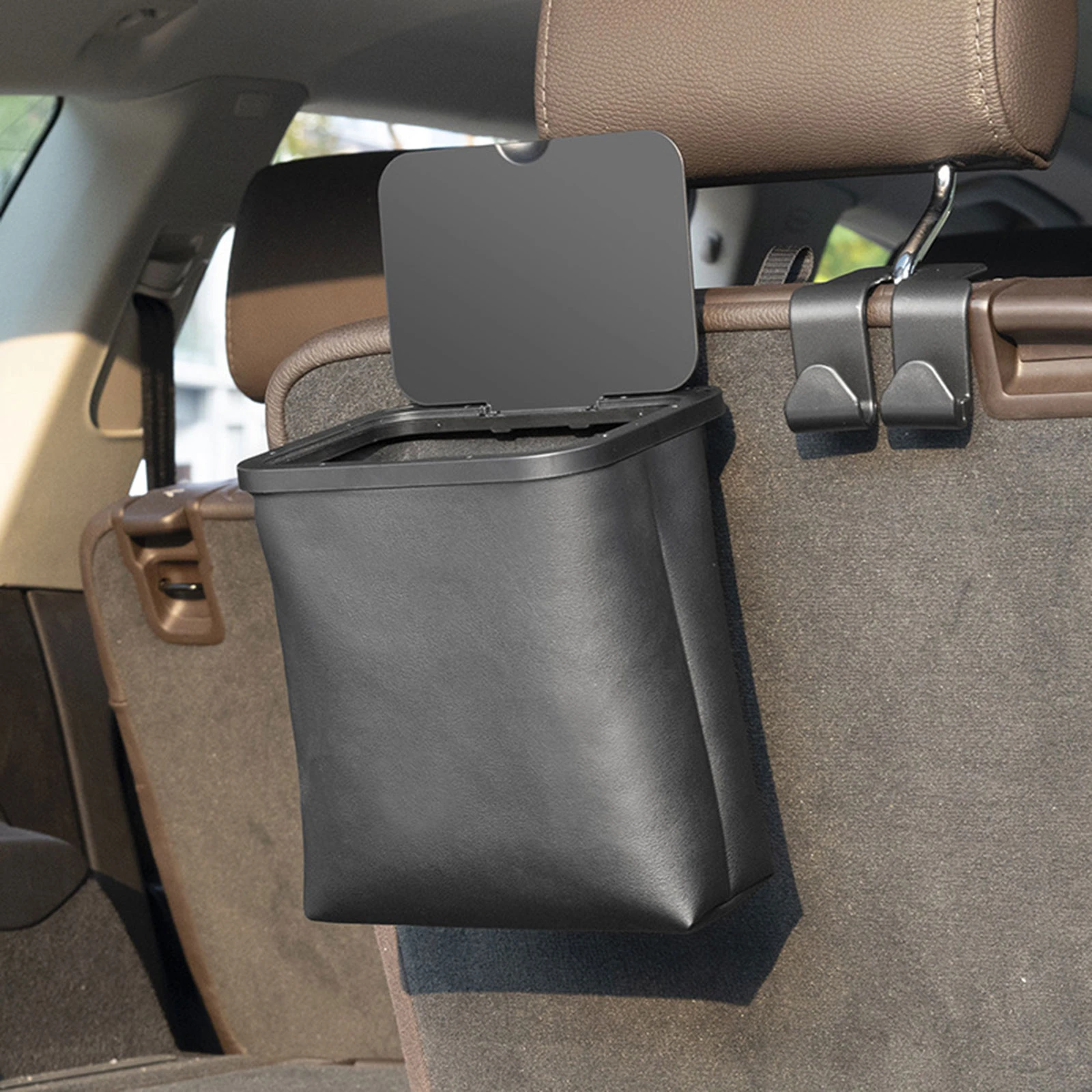 Leather Car Trash Can with Lid Waterproof Storage Waste Organizer Can