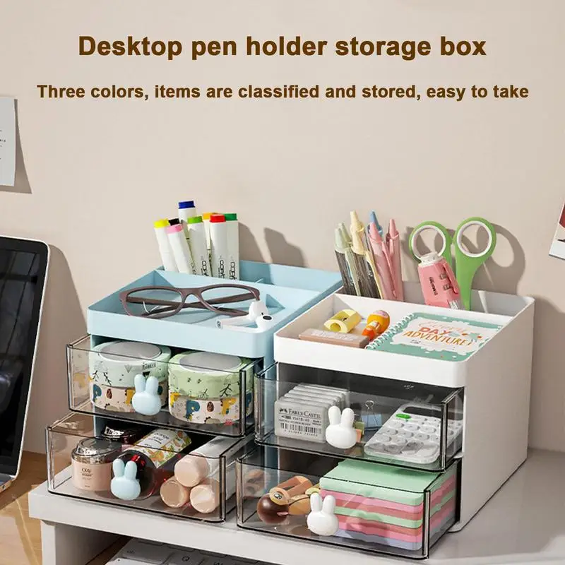 Cute Desktop Organizer Large Capacity Desk Accessories Pen Holder With Drawer Pencil Storage Box School Office Stationery