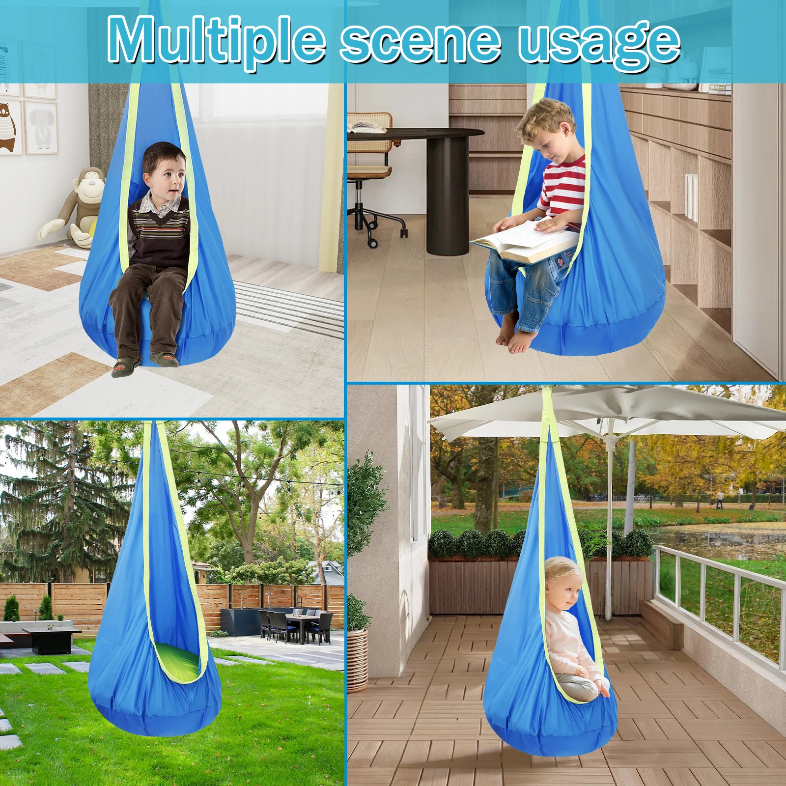 Kids Pod Swing Seat Hanging Hammock Chair with Inflatable Pillow & Pocket Comfortable Sensory Swing Max 200kg for Indoor Outdoor