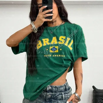 Womens Short Sleeve Brazilian South American Print T-Shirt Girl Round Neck Tee Outdoor Sports Adult Women's T-Shirt 1