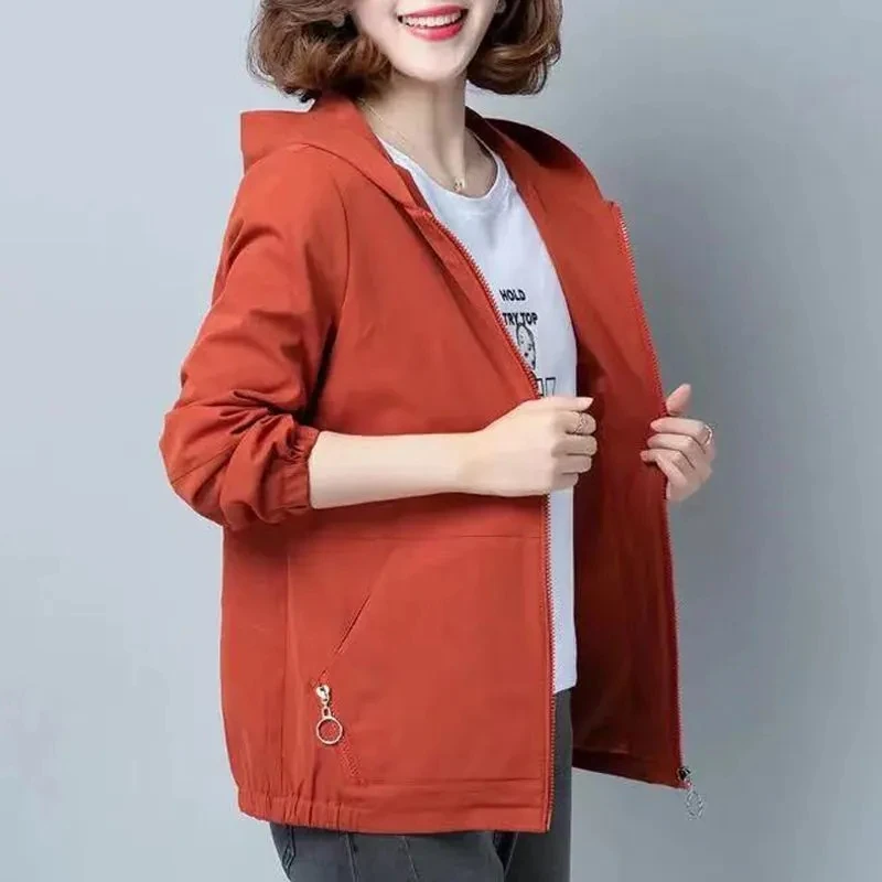 

Casual Short Coat Women's 5xl Spring Autumn 2023 New Korean Loose Lining Windbreaker Hooded Outwear Solid Female Zipper Coats