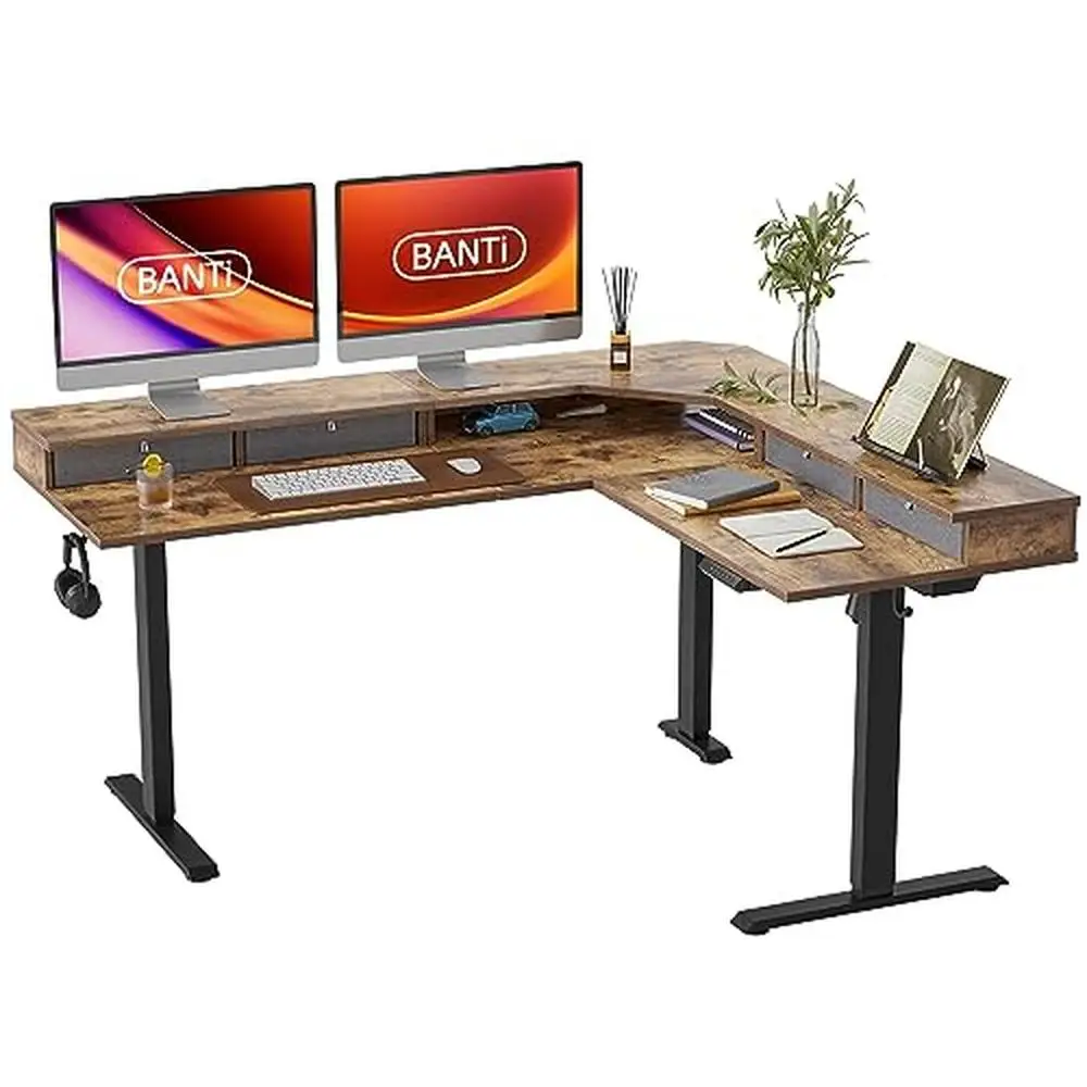 

Electric L-Shaped Standing Desk with 3 Drawers Height Adjustable Quiet Motor Industrial-Grade Steel Frame Rustic Brown Top 63