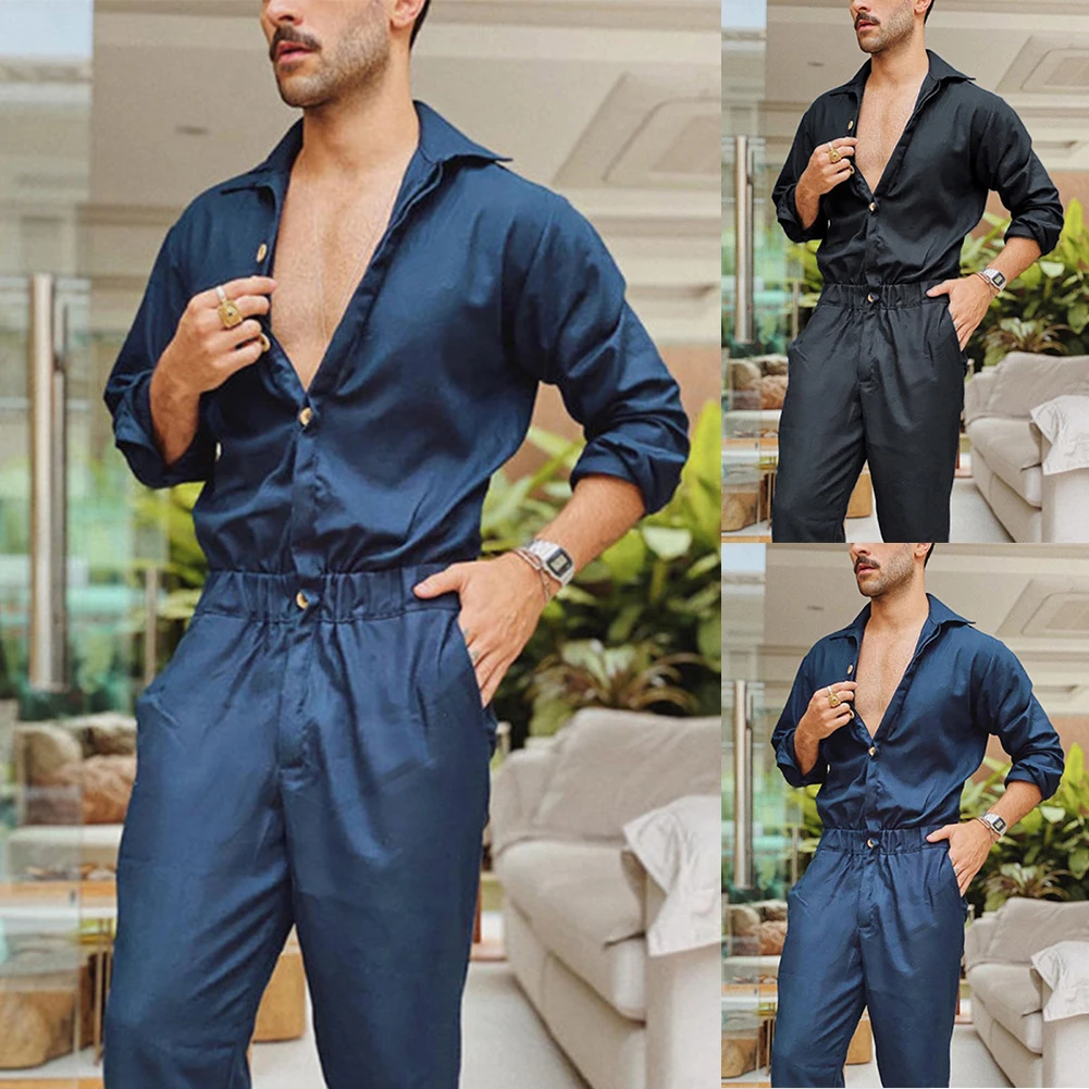 Description Picture 2 of itemSummer Thin Men's Cargo Jumpsuit Pants Overalls Fashion Long Sleeve Lapel Button-Down Rompers Solid Color Workwear Pants