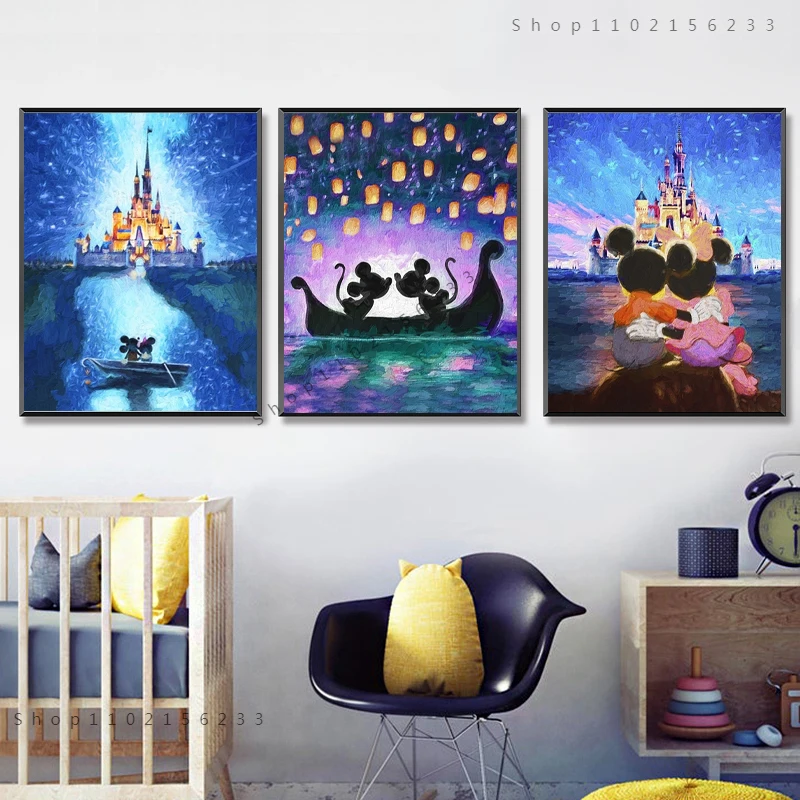 

Картина на холсте Микки и Минни Маус, постер, принцесса, замок, настенные художественные принты для влюбленных пар, картина для спальни, романтический домашний декор