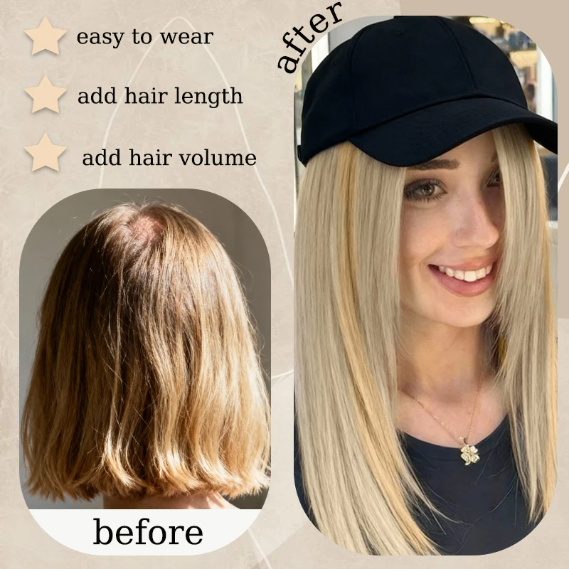 18inch Synthetic Hat Wig Women Wigs Hair Extensions Blonde Brown Straight Hair with Black Hat Hairpiece for Women Daily Use