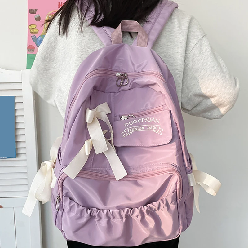 Cute Kawaii Bowknot College Backpack for Women and Girls purple