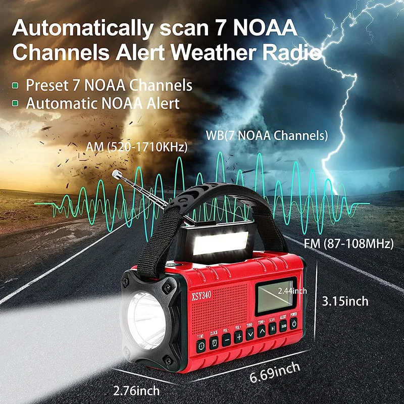 10000mAh zonne-handslingerradio, noodradio, zonne-handslingerradio, draagbare AM/FM/NOAA-weerradio met oplader voor mobiele telefoon, LED-zaklamp, leeslamp, SOS-alarm, overlevingsradio, gr