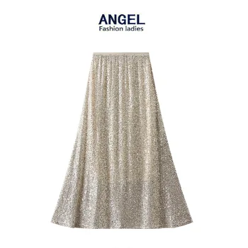 2023 Fashion Women's Summer Midi Skirt Slim A-line Skirt High Waist Elastic Band Sequins Skirt