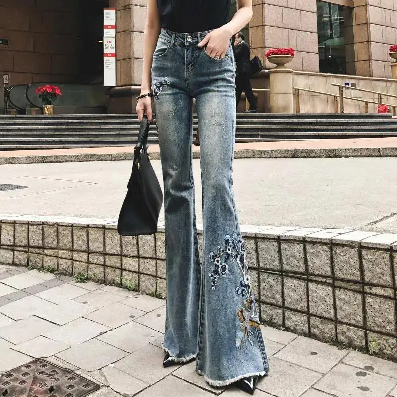 

Autumn New Trendy Butterfly Print Y2K Denim Jeans High Waisted Embroidery Vintage Casual Trousers Fashion Streetwear M454