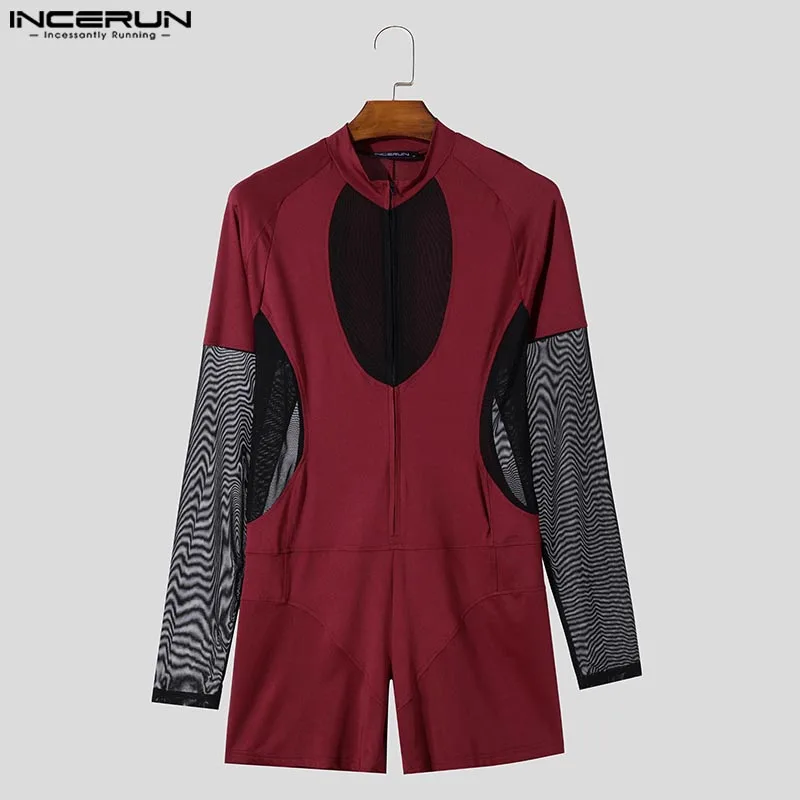 American Style Stylish Jumpsuit Men Sexy Hollow Design Splicing Mesh Jumpsuit Loungewear Male Long Sleeved Bodysuit INCERUN