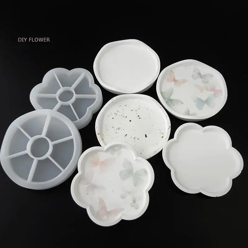 Round Tray Silicone Mold DIY Handmade Plum Blossom Shape Coaster Gypsum Concrete Storage Tray Mould Flower Pot Base Home Decor images - 6