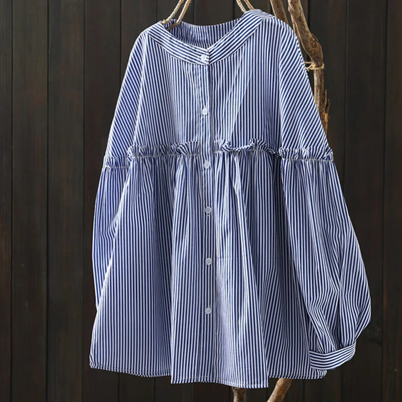 

SuperAen 2024 синяя хлопковая блузка, женские весенние платья с длинным рукавом, новая рубашка с краями