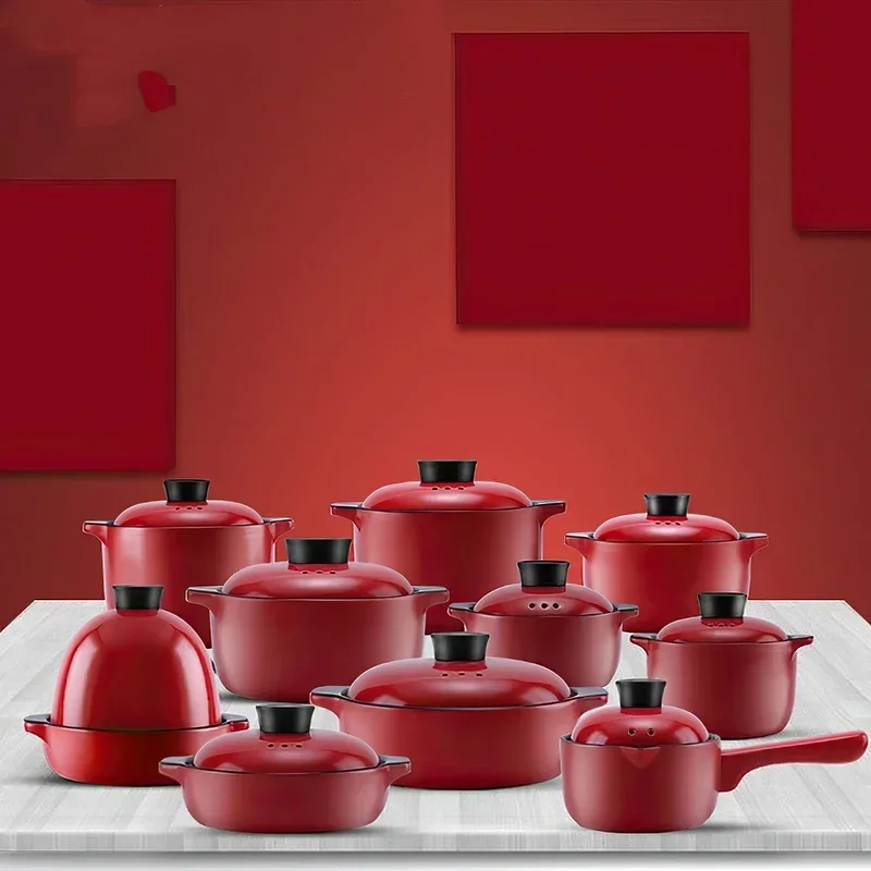 

1 pcs Ceramic Casserole Multi-size Chinese Red Round 1.4-5.5L Multiple Size Cooking Soup Pot Home Kitchen Supplies Saucepan Pan