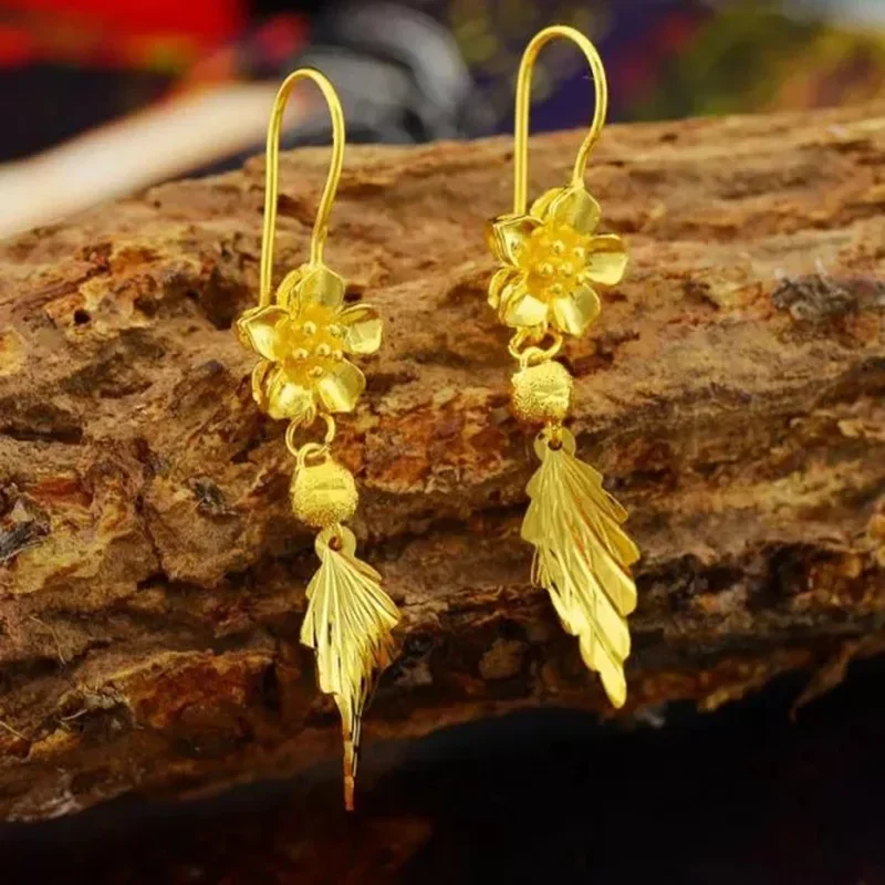 24K AU999 Pure Gold Luxury Quality Bauhinia Leaf Earrings for Women, High-Quality Real Gold Jewelry