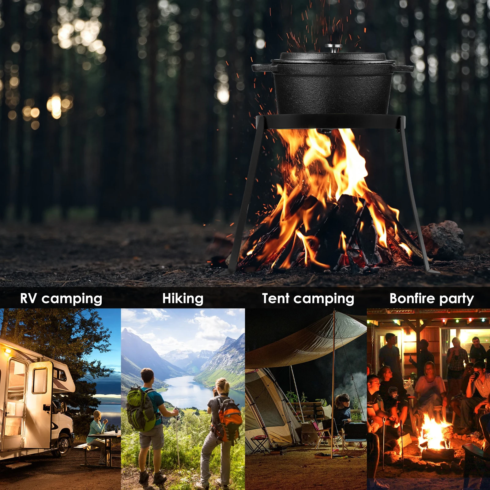 Campfire Tripod for Cooking , Outdoor Fire Pit Stand, Portable Cast Iron Open Camping Tripod Cookware Camping Cooking Equipment