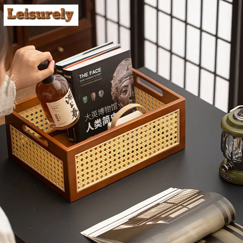 Handmade Brown Bamboo Rattan Storage Basket Food Storage Tray Debris Sorting Box Self-help Display Home Table Decoration Trays