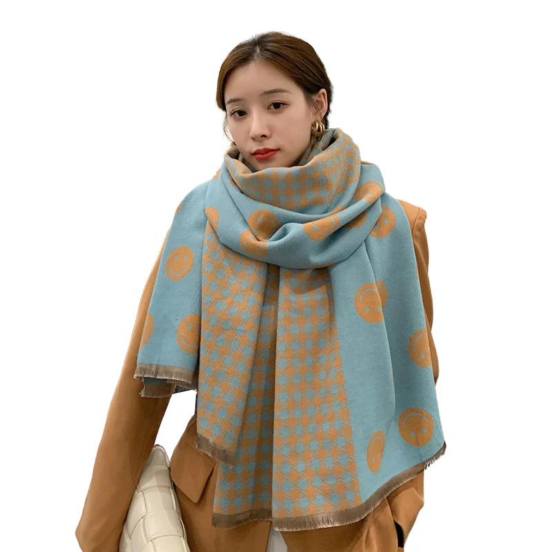 Luxury Winter Warm Women's Wool Knitted Thick Double-Sided Smiley Face  Cashmere Scarf Pashmina Shawl Lady Scarves and Shawls - AliExpress