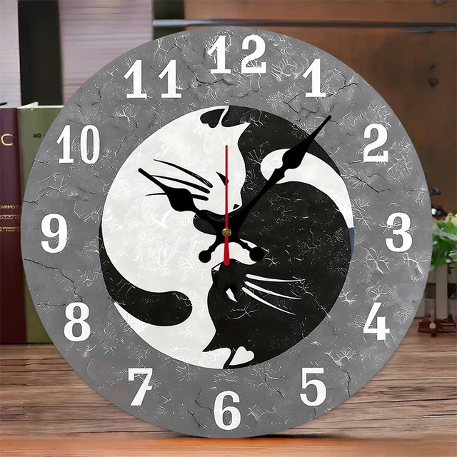 Yin Yang Cat Wooden Round Silent Hanging Wall Clock 1