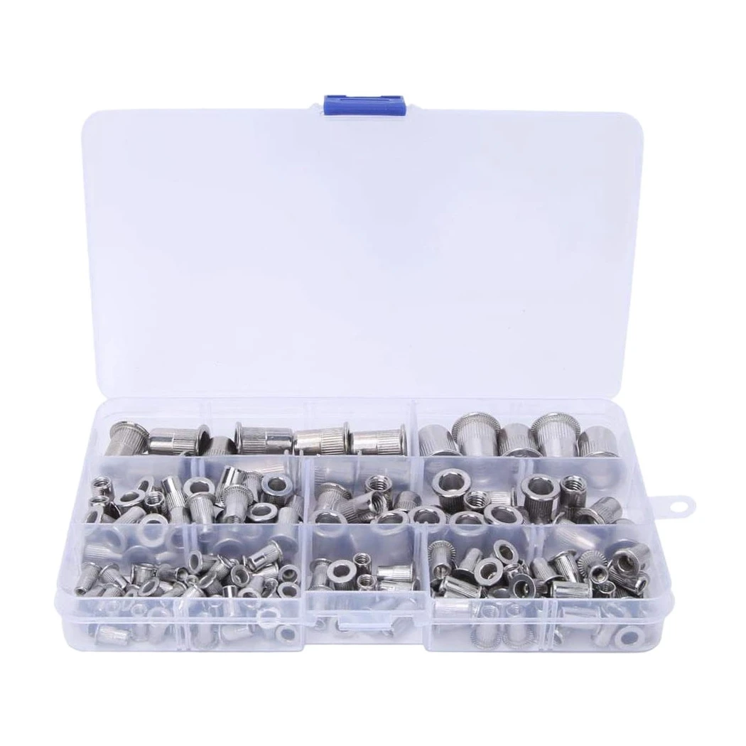 165 Pcs M3 M4 M5 M6 M8 M10 Rivet Nuts Flat Head Threaded Insert Nut Rivet Cap Threaded Insert Nut Kit with Plastic Box
