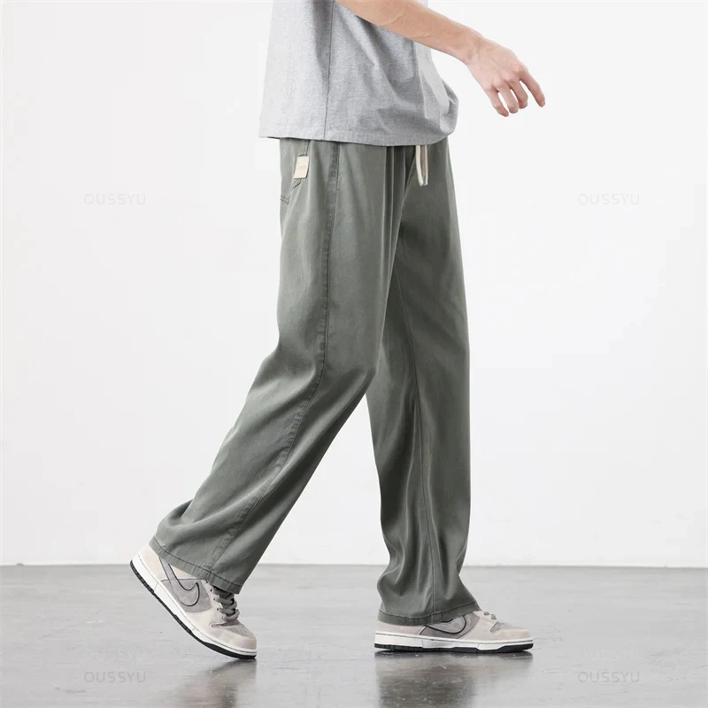 Summer Streetwear Lyocell Fabric Pants Men Stretch Loose Drawstring Elastic Waist Korea Jogger Sports Casual Long Trousers Male casual pants sports pants casual sports pants