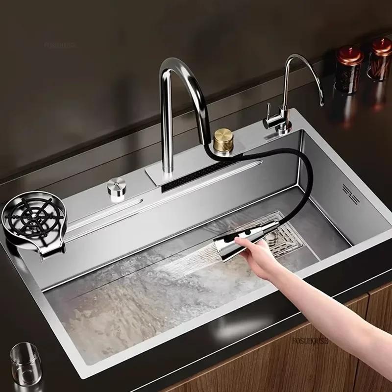 Italian Brushed Metal Kitchen Sinks for Rental Houses Waterfall Large Single Trough Table Control Sink Creative Sink for Kitchen