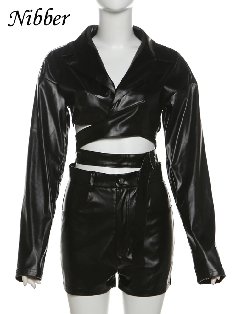 Nibber PU Hipster Leather 2 Piece Set Women Fall Trend v-Neck Cross Sash Sexy Crop Tops+Shorts Cool Matching Streetwear Outfits