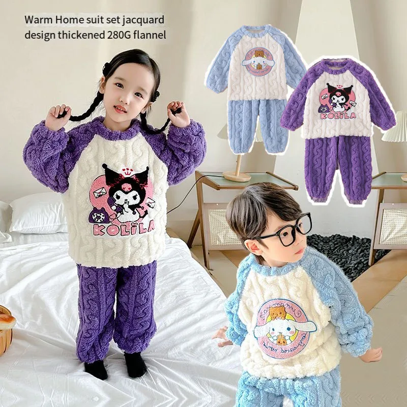 

Anime Sanrioed Kuromi Kids Fleece Pajamas Outfit Cinnamoroll Boy Girl Cartoon Loungewear Thicken Fall Winter Warm Chil Clothes