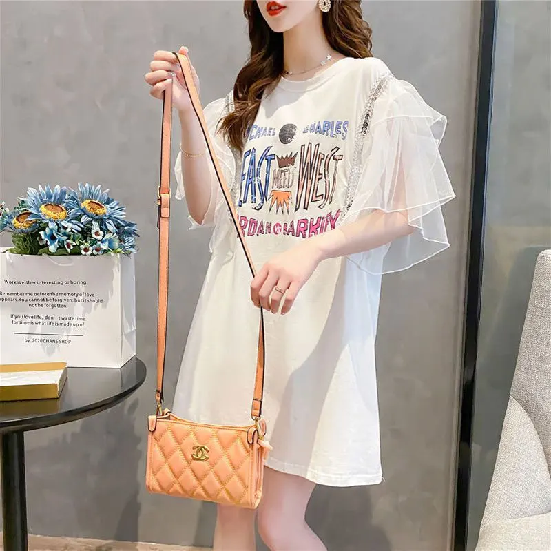 

Female Clothing Korean Letter Printed Pullovers Summer Stylish Gauze Spliced Short Sleeve Casual Round Neck Loose Basic T-shirt