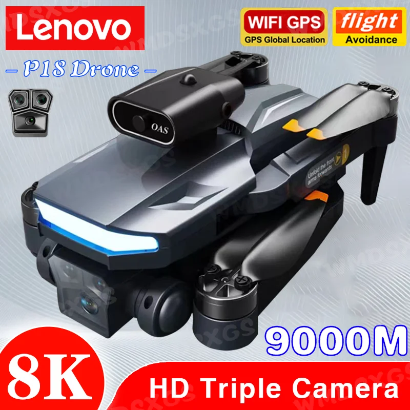 레노버 P18 GPS 드론, 광학 흐름 포지셔닝 지능형 장애물 회피 접이식 쿼드콥터, 8K HD 트리플 카메라, RC 9000M