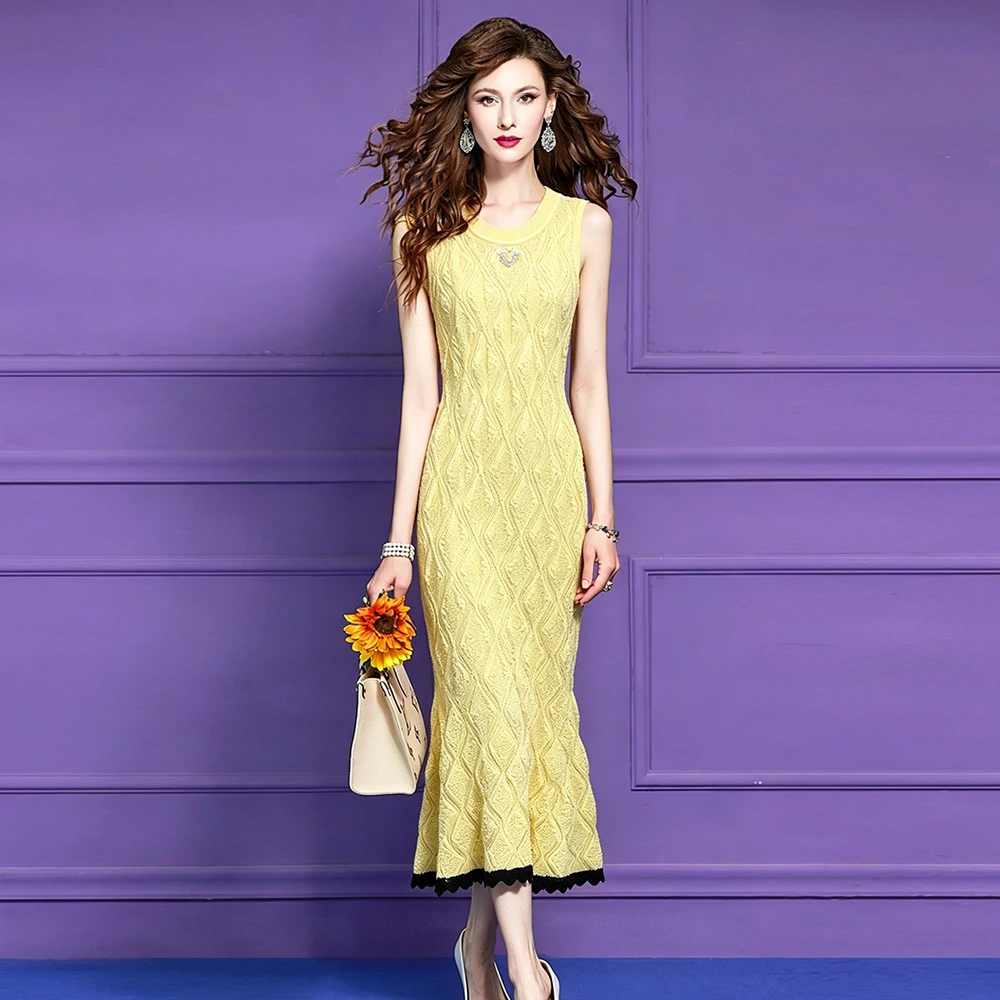 ZJYT Summer Knitted Maxi Dresses for Woman Party Evening Elegant Designer Sleeveless Hollow Out Sweater Tank Dress Blue Yellow 2