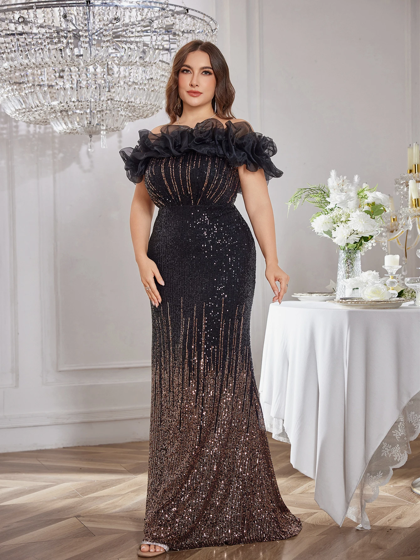 فستان سهرة كتف واحد ترتر متدرج