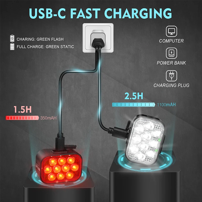 BUCKLOS Luci per bicicletta 10 LED Luci posteriori anteriori per ciclismo notturno 1100/350mAh Lampade per bici impermeabili Tipo-c Luce per bici ricaricabile - immagine 5