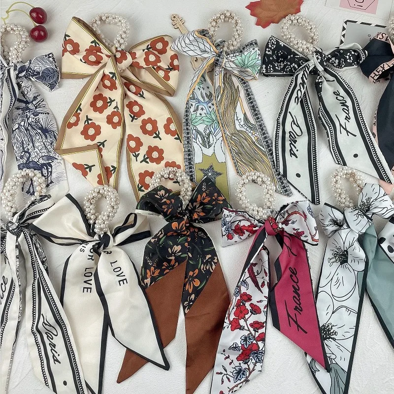 

Popular Women Girls Pearl Scrunchies Ties Satin Long Ribbon Ponytail Hair Bundle Silk Floral Summer Lady Hair Bands Accessories