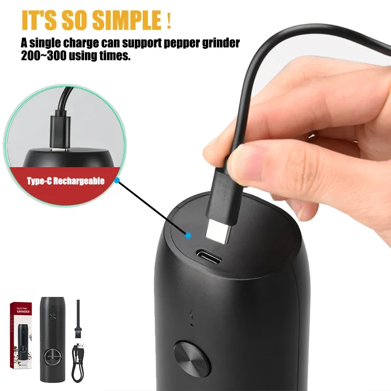 USB 충전식 전기 소금 후추 분쇄기, 조절 가능한 거칠기, 갓 갈아낸 후추, 후추 가루 분쇄기, 주방 도구