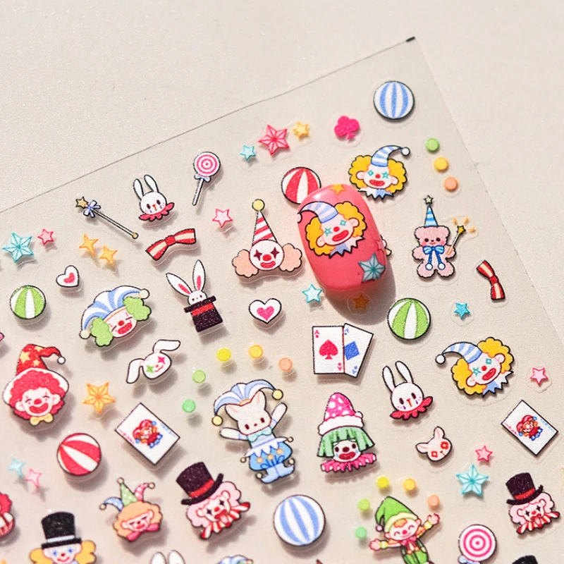 Cute Joker Star Cartoon Bunny Play Card Circo Clown 5D Rilievo In Rilievo Autoadesivo Nail Art Decorazione Sticker Manicure Decalcomania