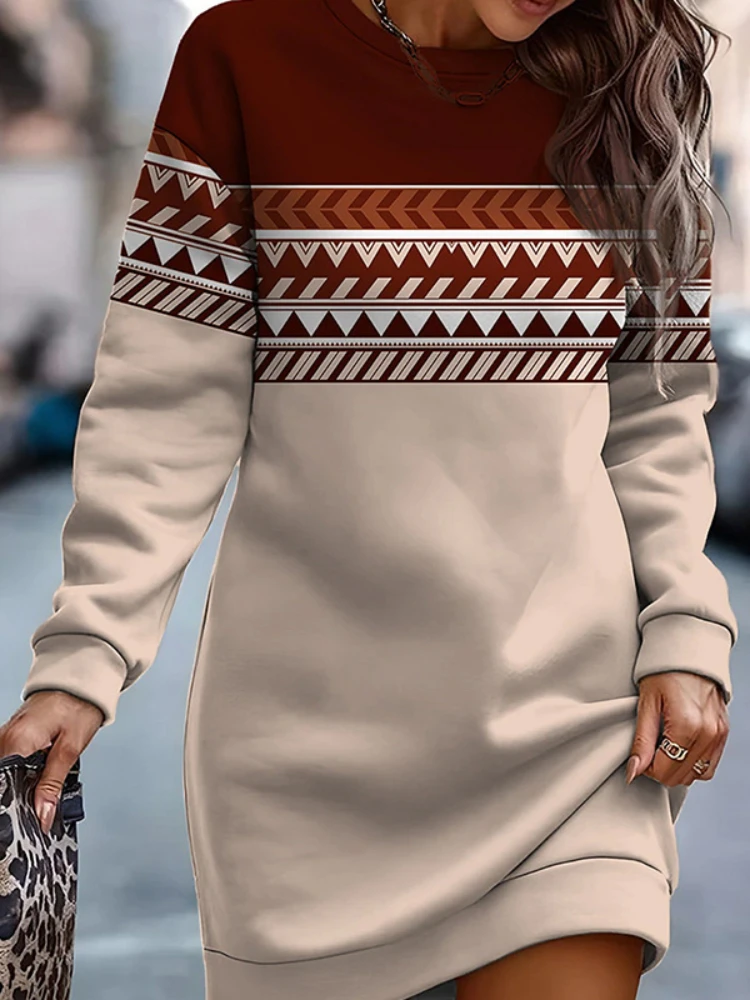

2023 Autumn and Winter Fashion New Style Sweater Long Dress Women's Printed Pattern Color Matching Warm Thickened Sweater