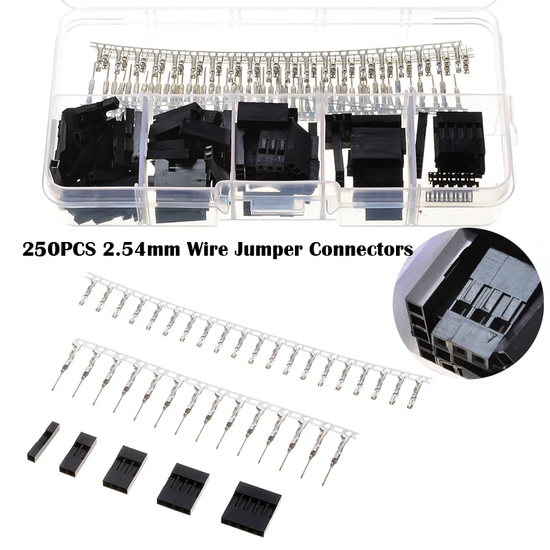 250pcs 2.54mm 1/2/3/4/5 Pin Dupont Wire Jumper Pin Header Connector Housing Kit Male Female Pin Connector Terminal Pitch